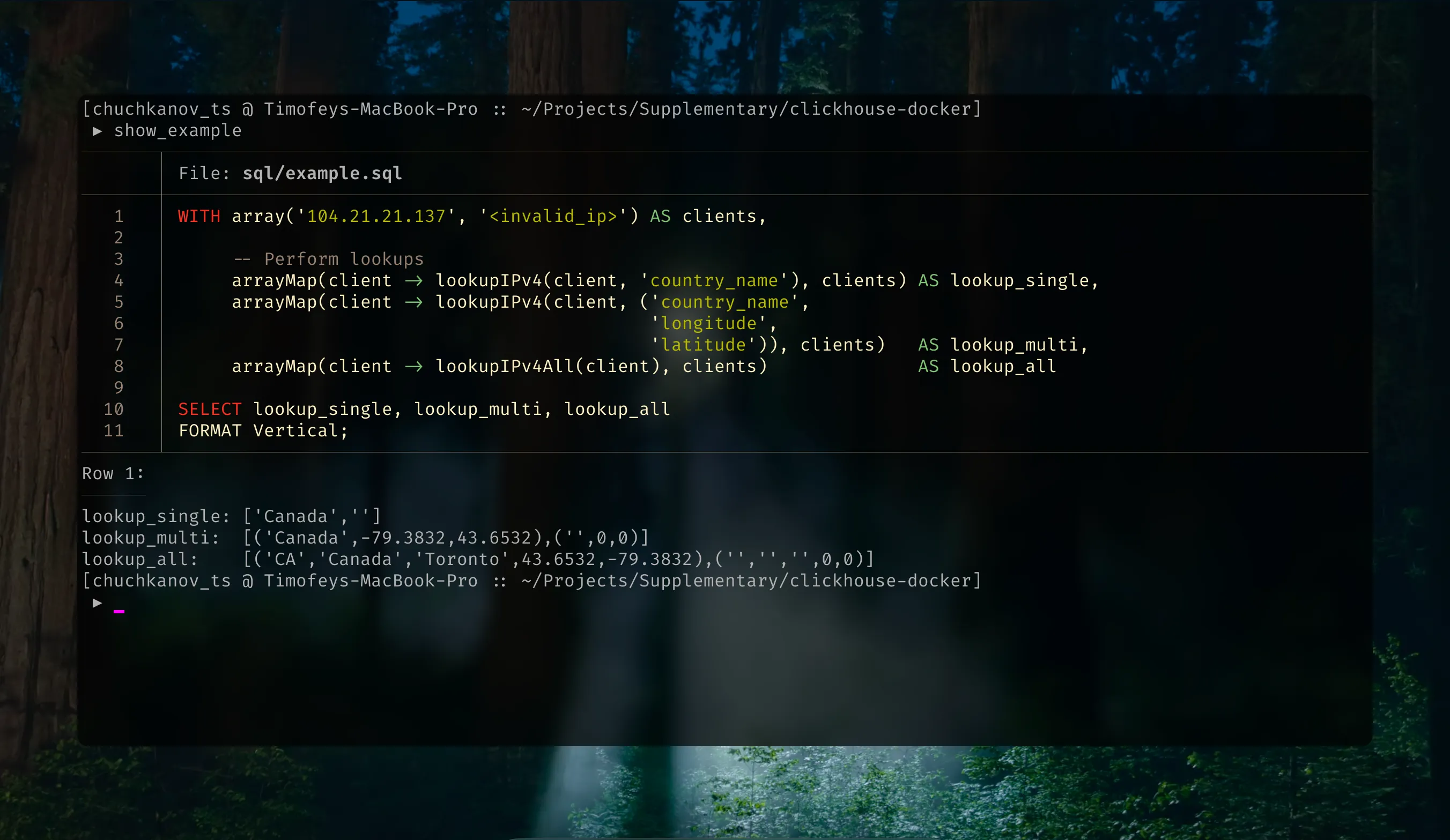 A terminal screenshot with clickhouse client executing a geoip query